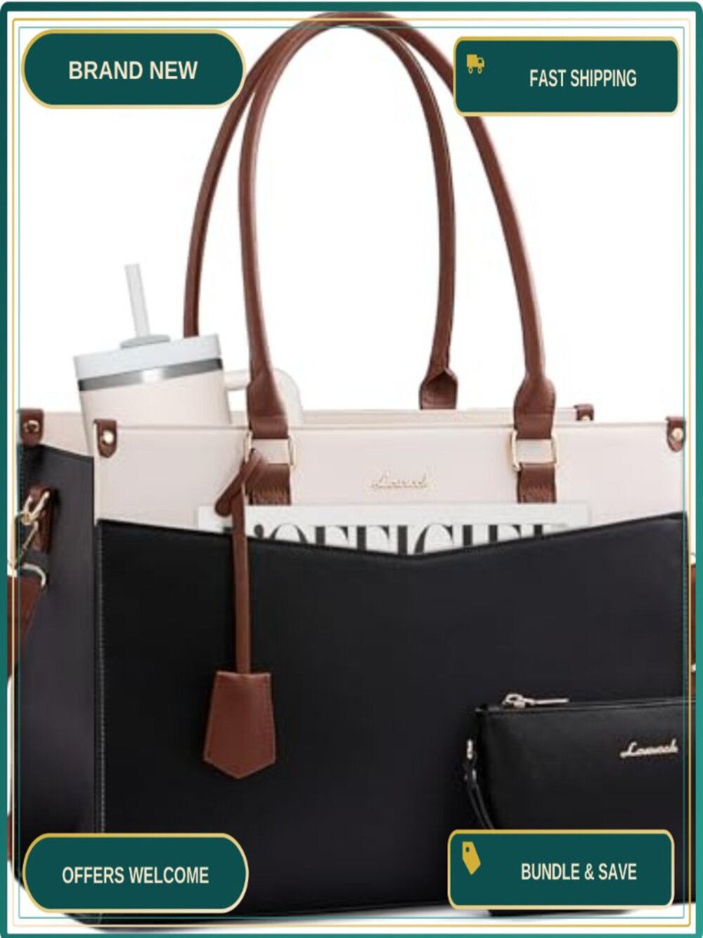Faux Leather Laptop Tote Bag Waterproof Work Messenger 15.6in
